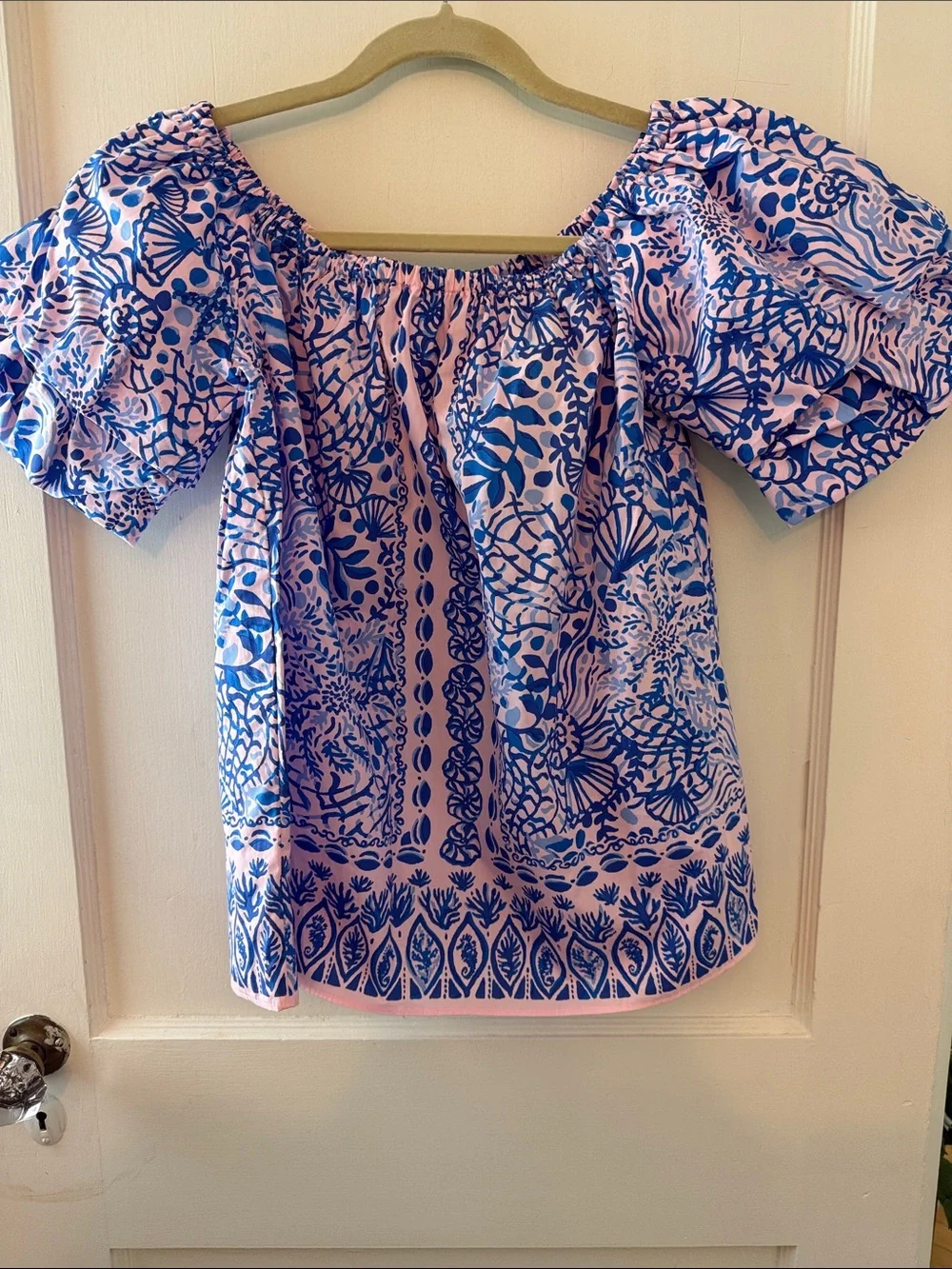 Lilly Pulitzer Pink and Blue Off-Shoulder Puff Sleeve Top
